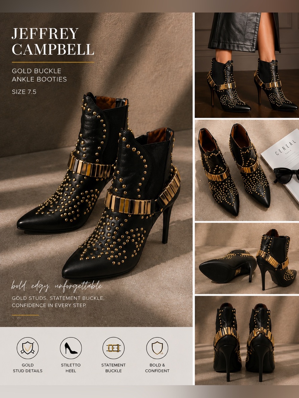 EUC JEFFREY CAMPBELL Gold Buckle ankle booties Sz 7.5